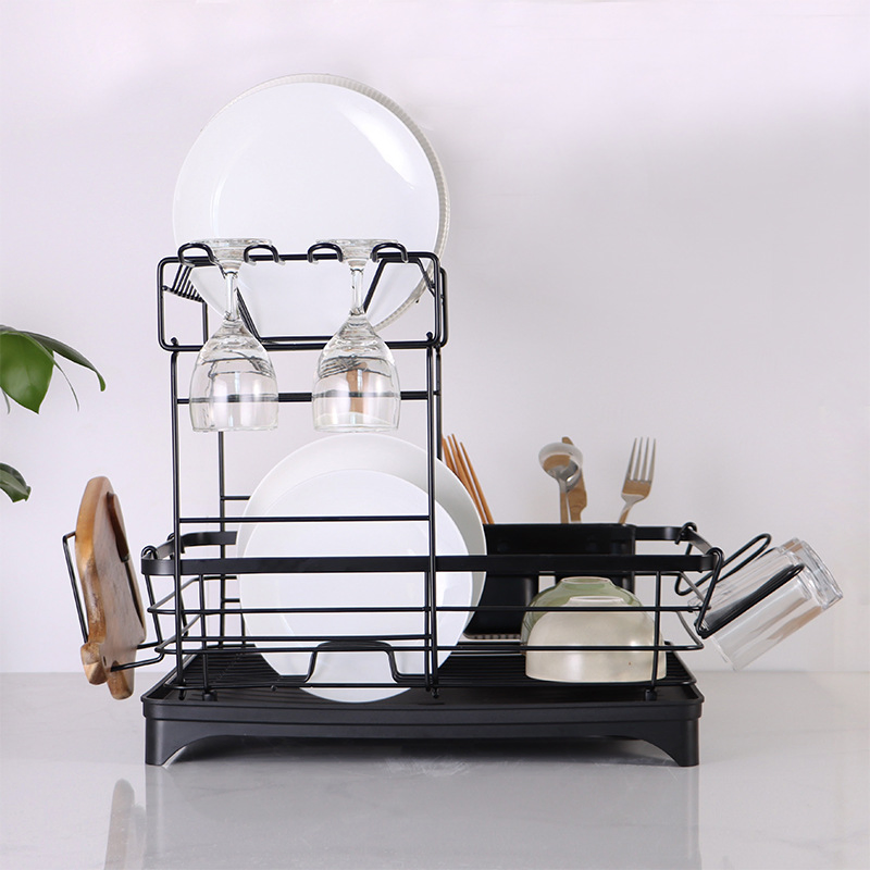 Kitchen 2 Tier Plate Dish Drying Drainer Rack Storage Holder Pantry Organizer Rustproof Metal Wireframe Dish Rack with Drain Pipe