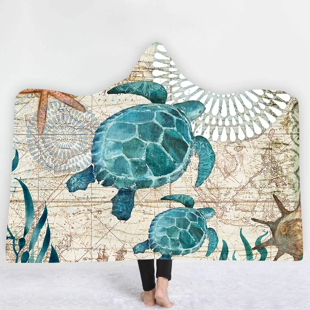 Wholesale Polyester Blue Vintage Aquatic Creatures Pattern Printed Hippie Hanging Tapestries Hoodie Blanket