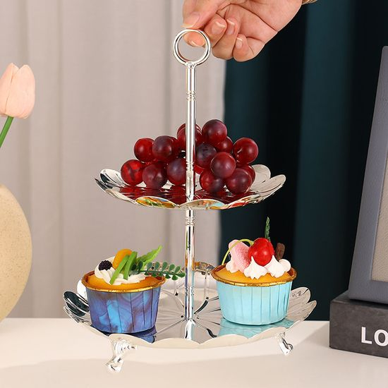 Double-Layer Gold Cake Stand Display Fruit Plate Afternoon Tea Dim Sum Party Tray