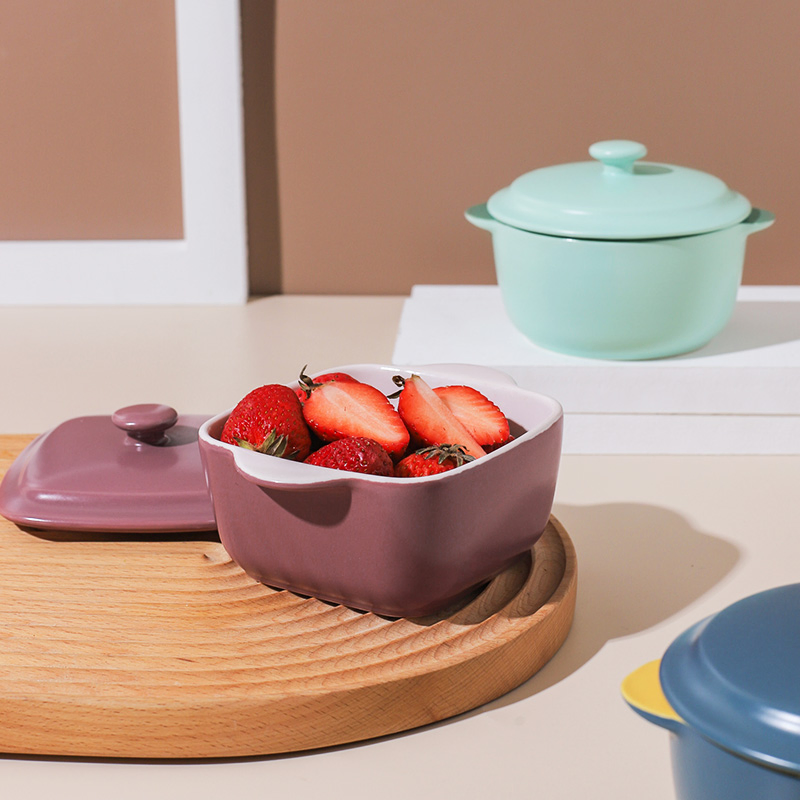 Ceramic Anti-Scald Double Ear Small Stew Pot Baking Soup Bowl with Lid