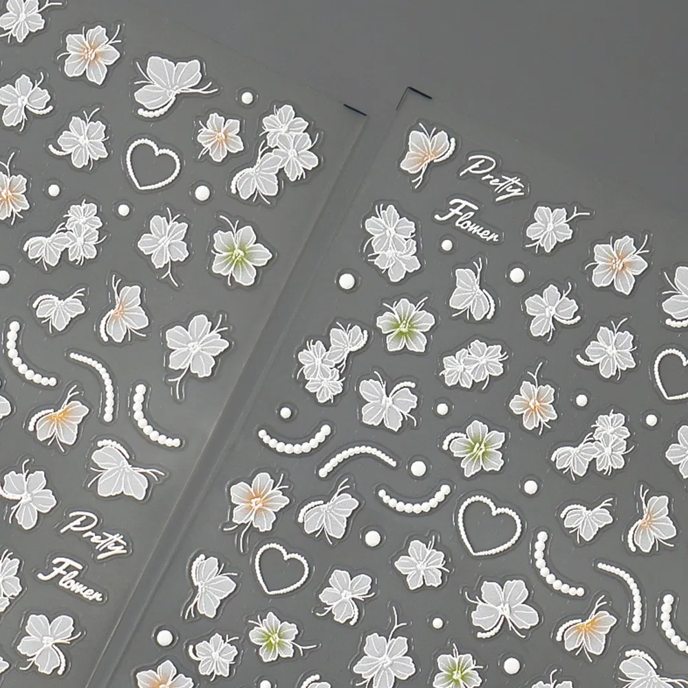 White Cartoon 5D Butterfly with Flowers Grass Custom 3D Manicure Nail Art Sticker Self-Adhesive Decals