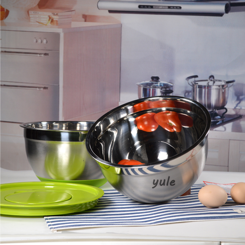 Supermarket Hot Sale Chaozhou Factory Plastic Lids Non- Slip Silicone Bottom Egg Beating Stainless Steel Cake Mixing Bowls
