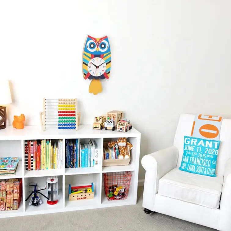Owl Animal Cartoon Design Decorative Kids MDF Pendulum Wooden Wall Clock with Swing Tail Custom Owl Clock