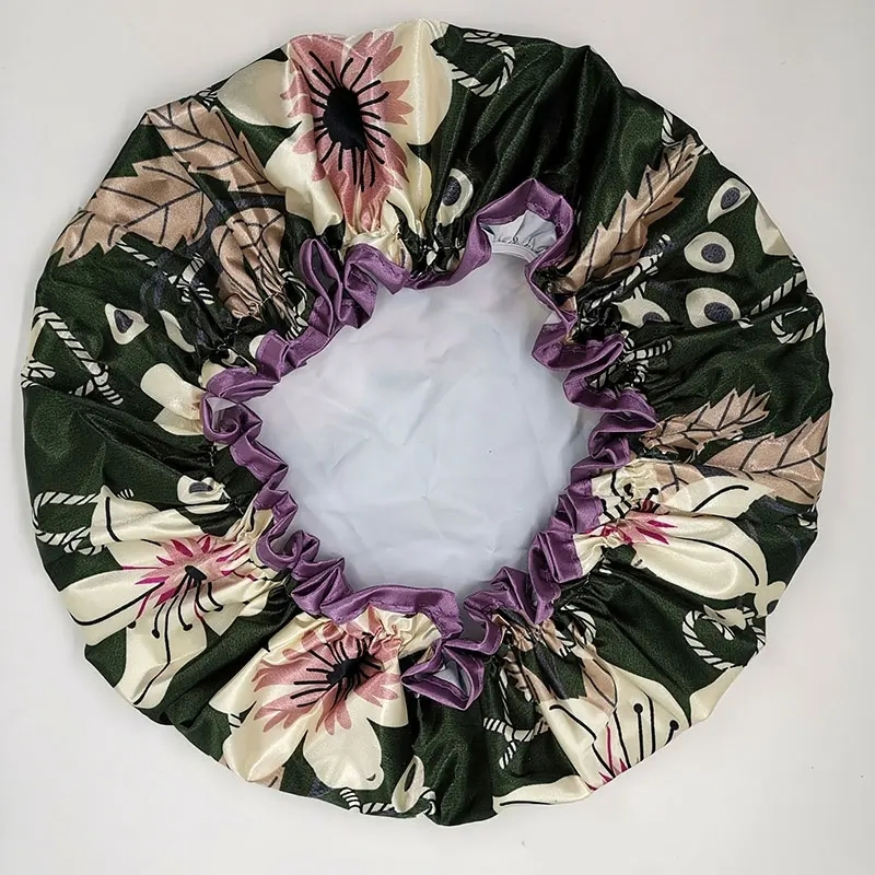 High Quality Greenish Lily Printing Satin Shower Caps