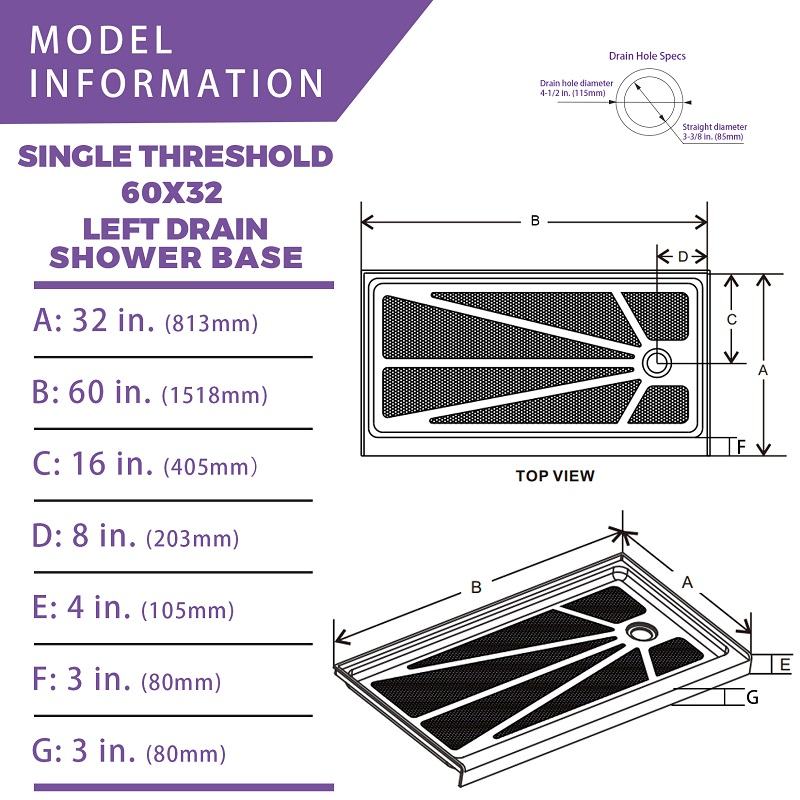Wholesale 5 Year Warranty Easy Clean Acrylic Shower Base with Right Drain