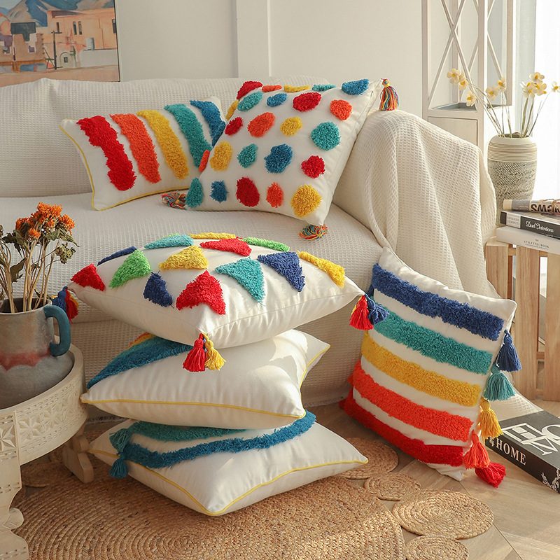 Rainbow Tufted Throw Pillow Cover, Woven Colorful Tufting Neutral Pillow Cases Modern Cushion Covers