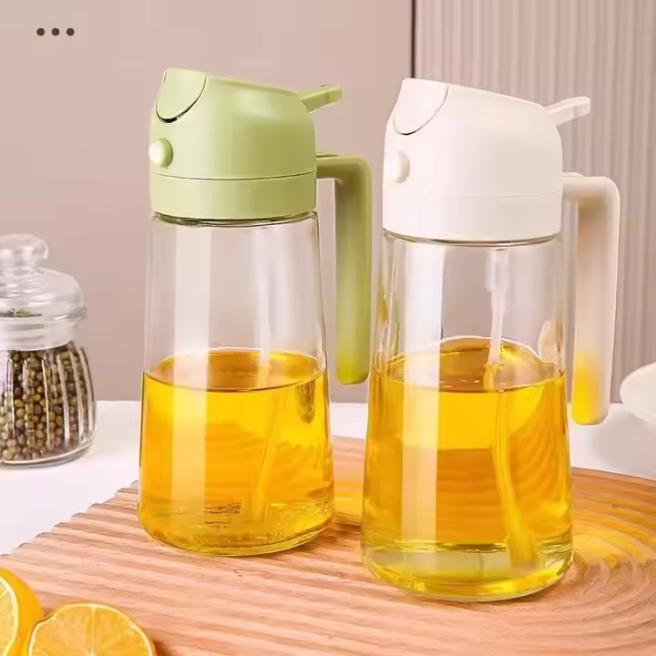 2-in-1 Glass Oil Spray Bottle 470ml Self-Pressing Cooking Oil Sprayer Kitchen Spray Down Integrated Oil Dispenser