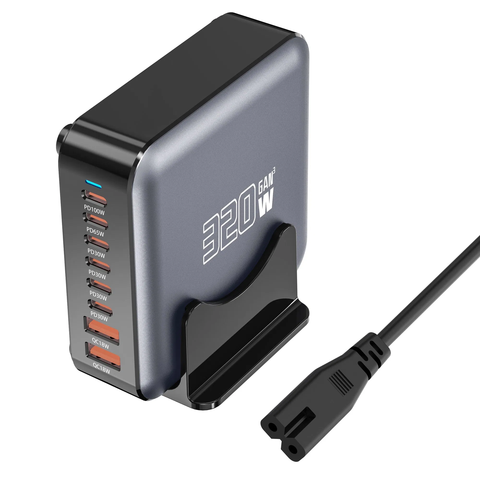 EU Au UK Us Plug 320W GaN 8 Port Output Fast Charging Station Desktop Charger for Phones Tablets Drones