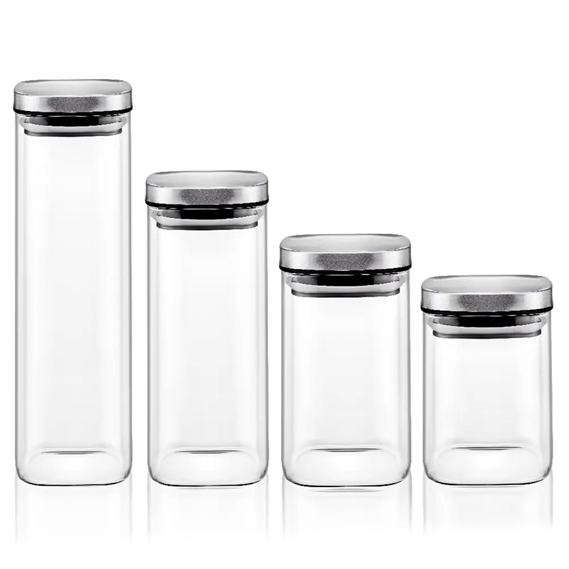 Elegant Square Glass Jar with Stainless Steel Lid for Food 1100ml