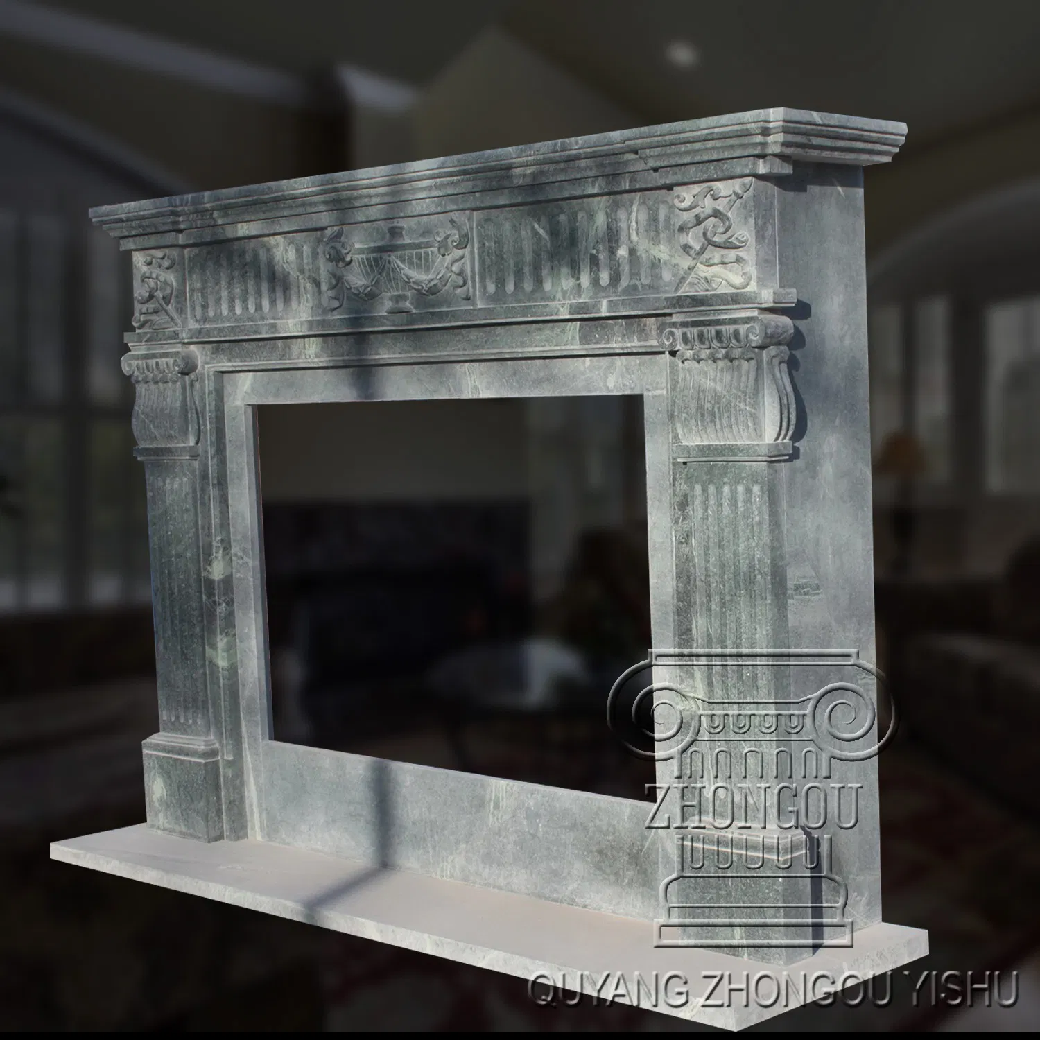 Geart Qauality Hand Carved Green Color Classic Design Natural Marble Fireplace