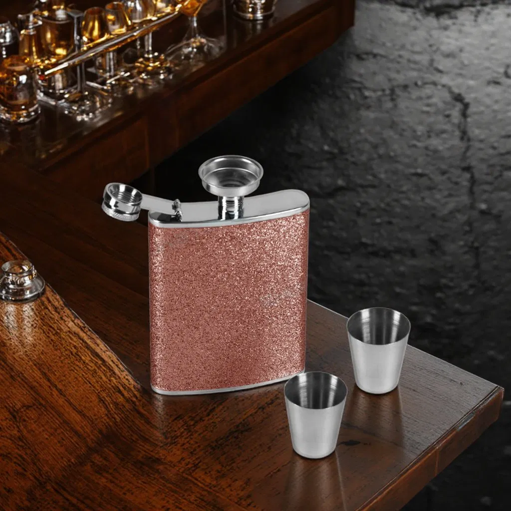 Creative Custom Colorful Pink Shiny Wrapped Flagon Wine Gift Set 2 Shot Whiskey Glass and Hip Flask Gift Set Gift with Funnel