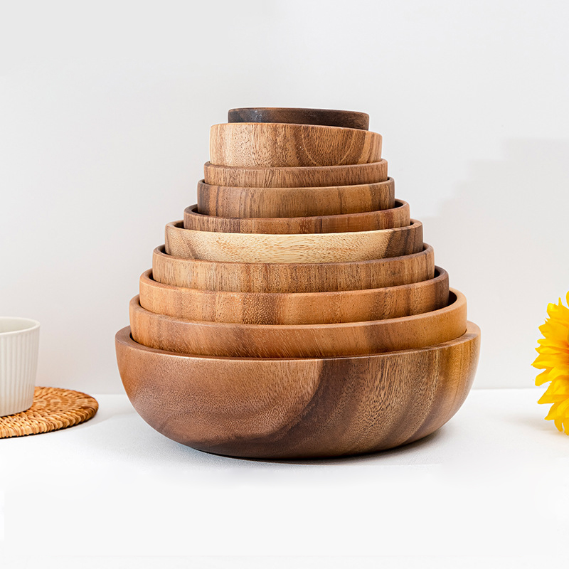 Multiple Sizes Eating Utensil Smooth Natural Acacia Wood Bowl for Food Noodle