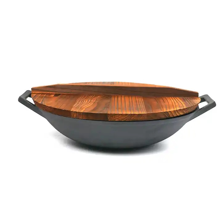Top Pre-Seasoned Cast Iron Round Cast Iron Flat Bottom Wok with Glass Lid