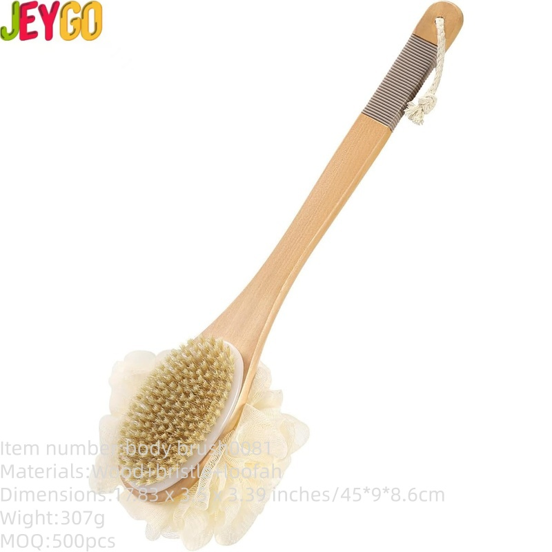 Wooden Long Handle Shower Body Brush with Loofah for Exfoliating Back Scrubber