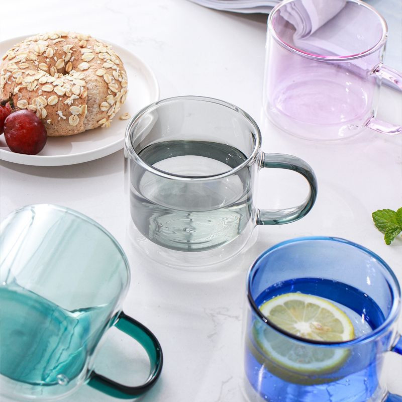 Double Glass Mug for Household Tropical Resistant Colored Handle Glass Milk Cup