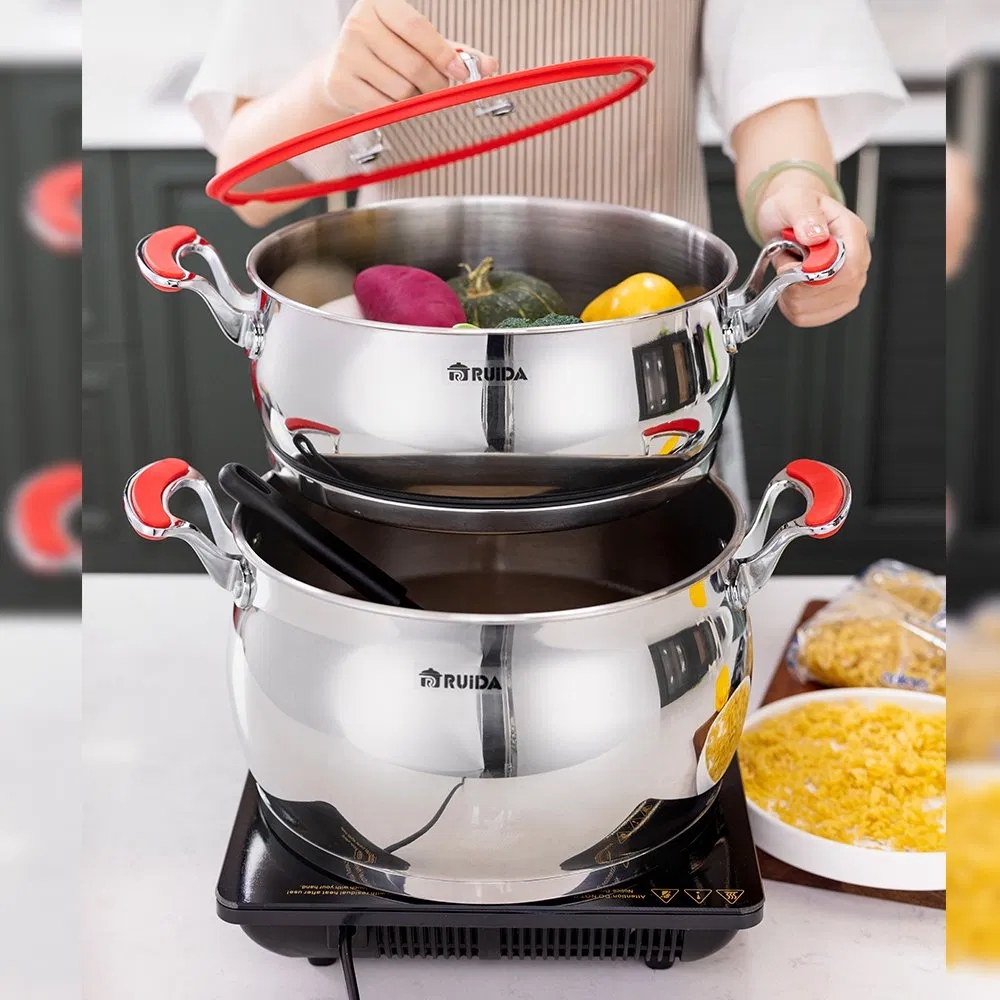 3PCS Stainless Steel Couscous Pot with Stamer and Soft Touch Handle and Lid