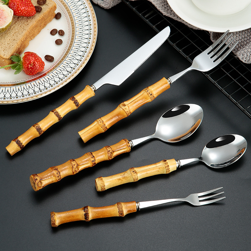 Best Seller Natural Bamboo Handle Dessert Salad Spoon Fork Stainless Steel Tableware