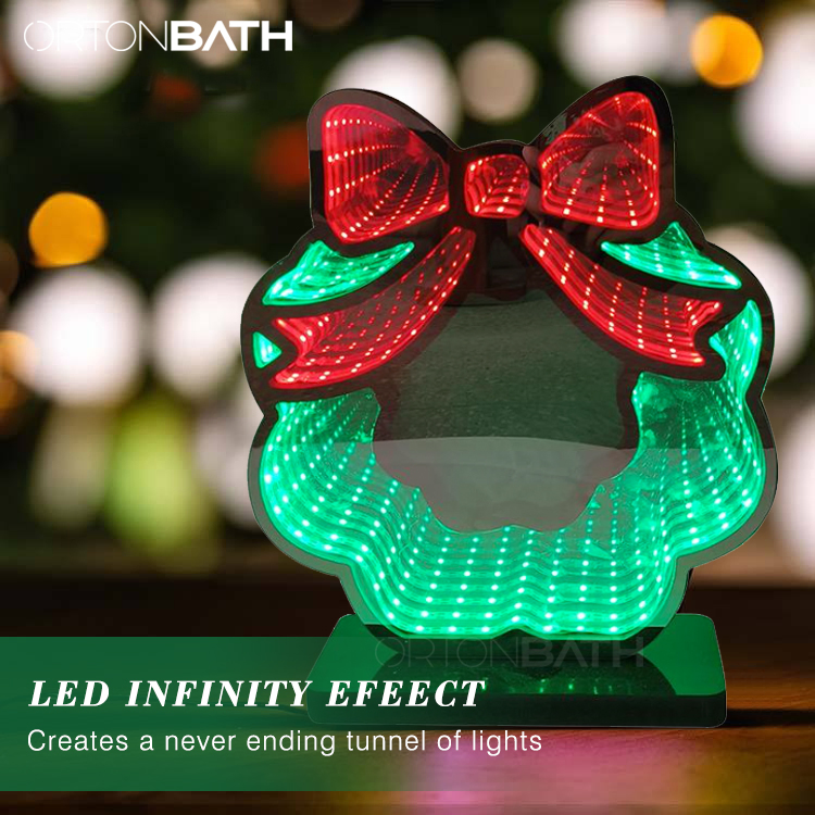 Ortonbath Infinity Mirror Light USB Powered Santa Claus Seasonal Holiday Decor LED Christmas Decoration 3D LED Infinity Mirror with Bow-Knot