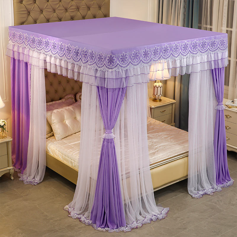 Purple Double Pole Triple Door Bed Curtain Mosquito Net Princess Mosquito Curtain Bed Curtain Lace Stainless Steel Bracket