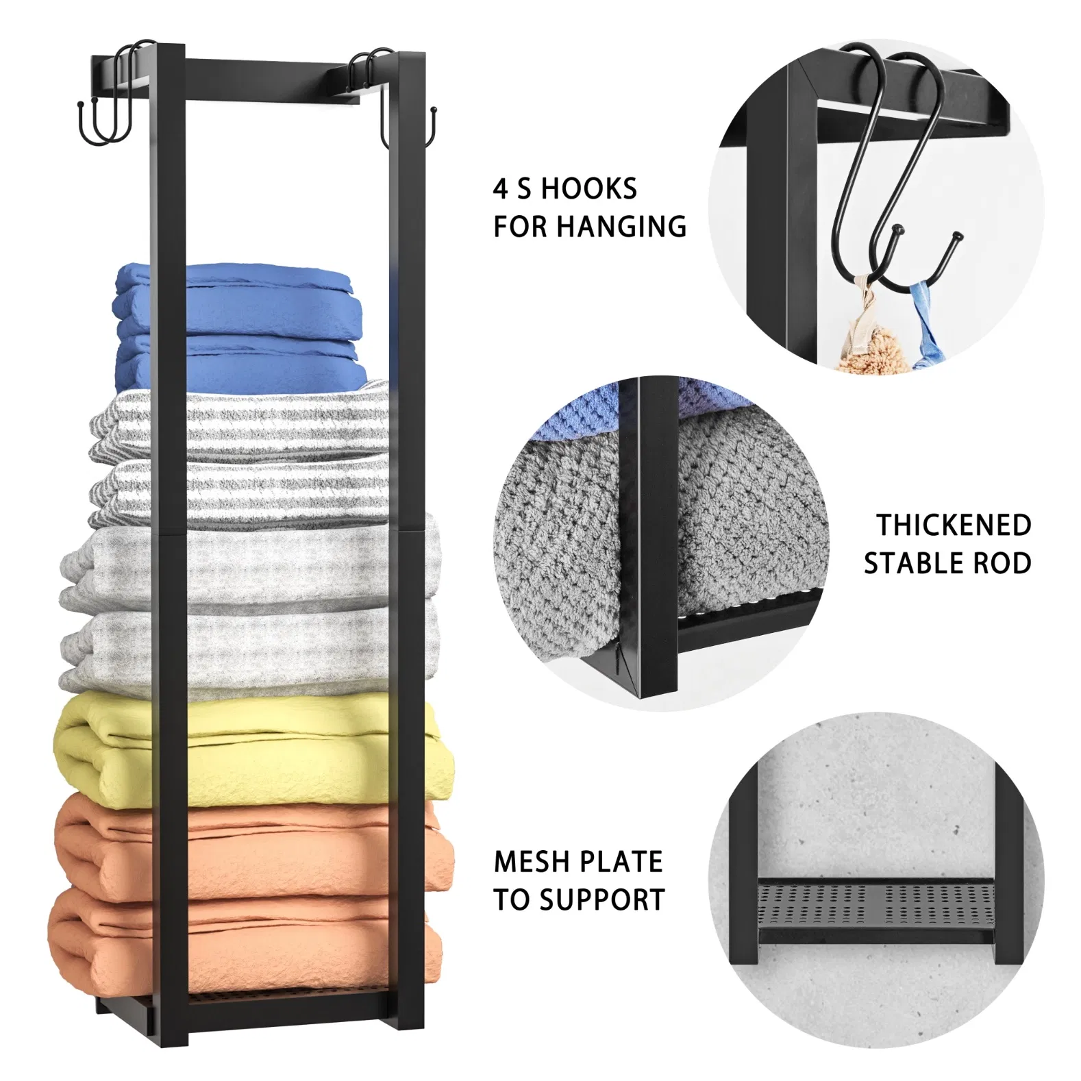 Wall Black Metal Blanket Bath Towel Rack Holder for Bathroom Toilet Washroom