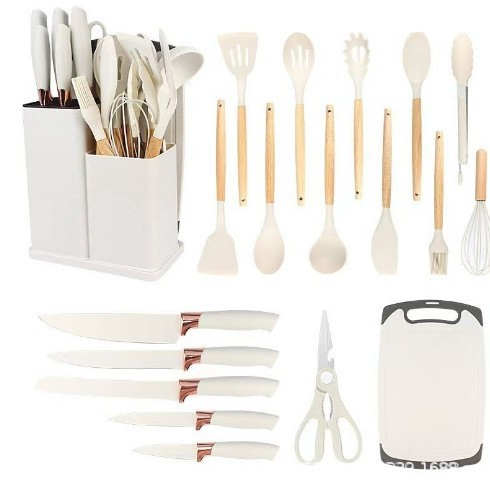 19 PCS Kitchen Utensil Set Silicone Kitchenware Set Cuttings Board Storage with Wooden Handle Bucket Knife Kitchen Tool Heat Resistant Silicone Utensils