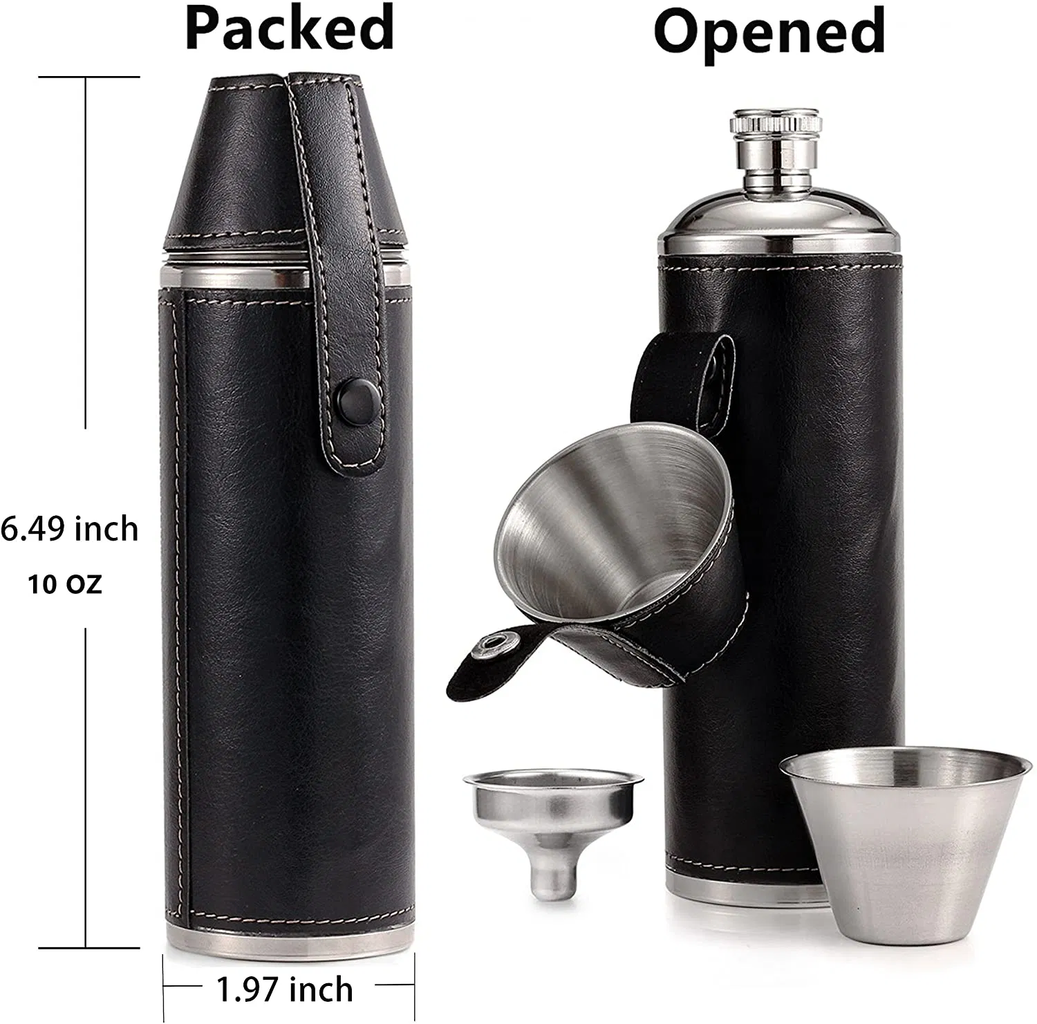 10 Oz Black PU Leather Bucket 304 Leak Proof Hip Flask for Adnams with Funnel and Cups