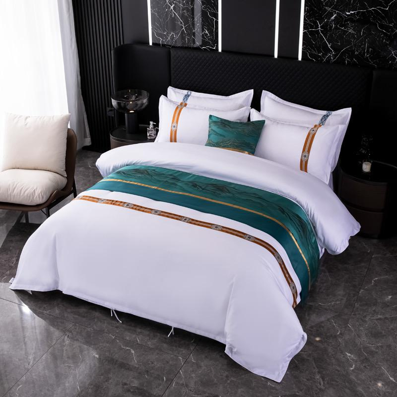 Four Piece Set Bed Linen Bed Cover Custom OEM/ODM Plain Color Cotton Polyester White Embroidery Ribbon Home Textile Bed Sheets Bedding Set for Hotel