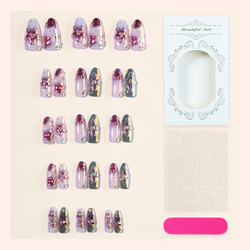 Foreign Trade 30 Pieces Three-Dimensional Blush Ice Flower Bubble Butterfly Starlight Ins Wind Wearable Nail 24 Pieces Press on Nail