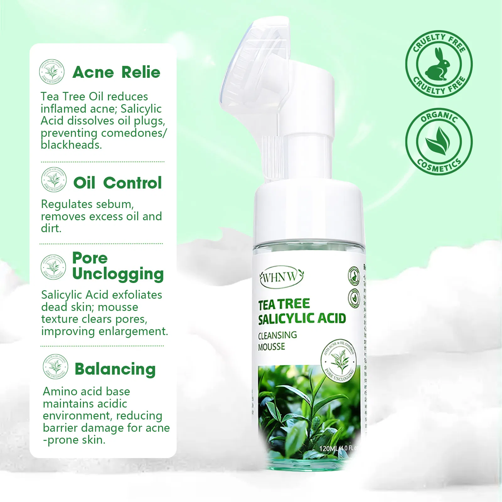 Skin Care Acne-Fighting Oil-Control Refreshing Tea Tree Salicylic Acid Cleansing Mousse