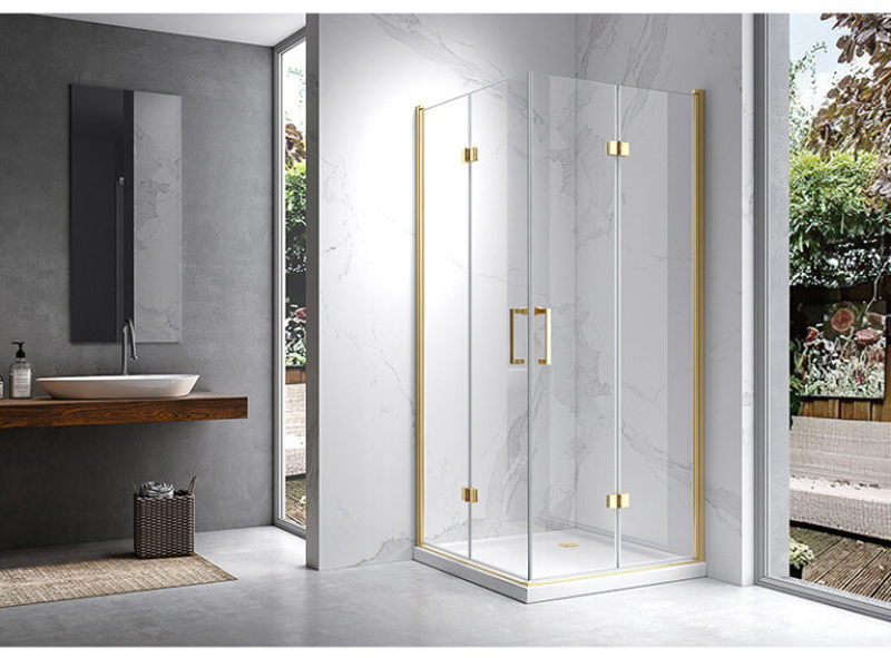 Suez Factory Supply Wholesales Tempered Glass Simple Corner in Door Luxury Gold Shower Enclosure for Hotel Bathroom