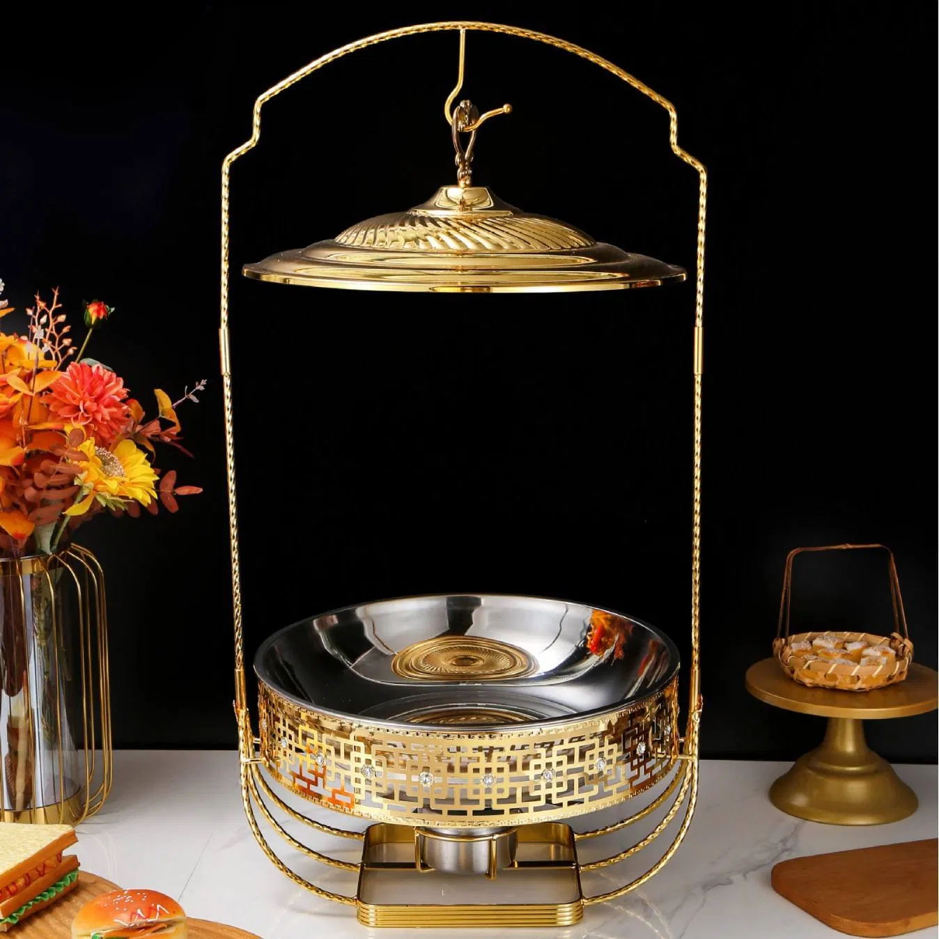 4.5L 6L 8L Stainless Steel Gold Hotel Restaurant Food Large Capacity Hot Pot Catering Buffet