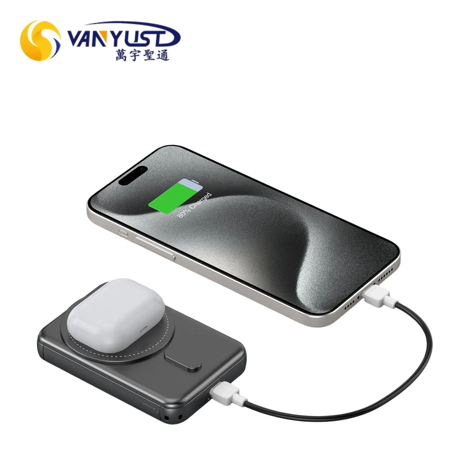 Factory Wholesale 3 in 1 Wireless Magnetic Charging Mini Portable Charger 15W 5000mAh Power Bank with Detachable C Cable String with CCC 3c Certification