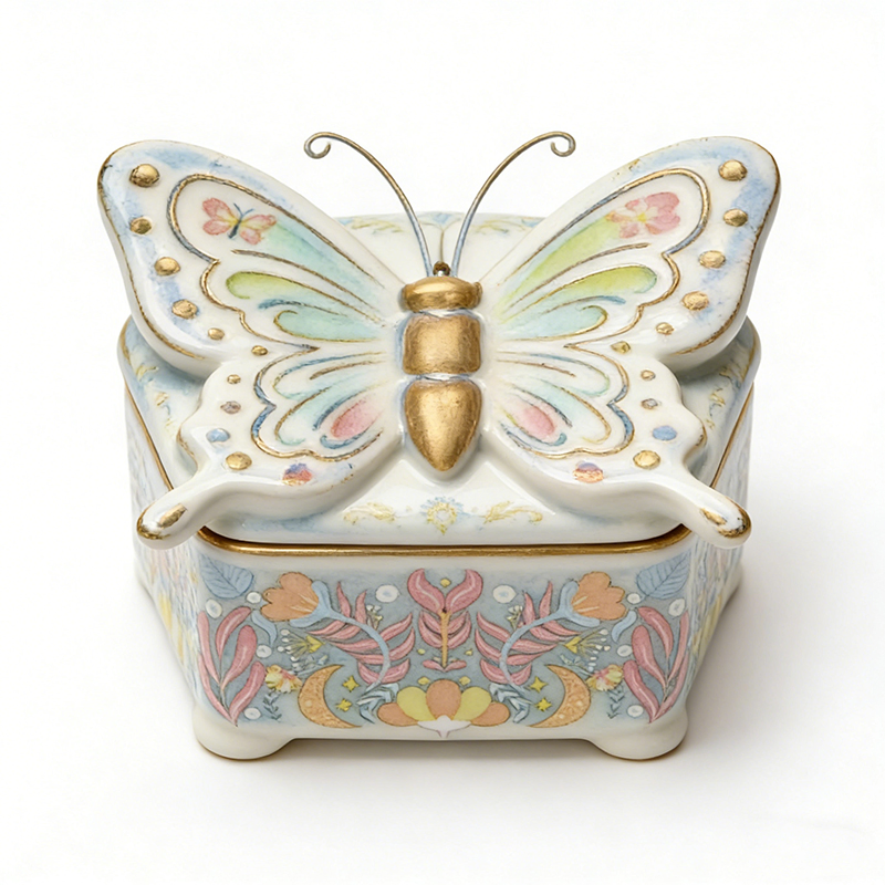 Decorative Ceramic Trinket Box with 3D Butterfly Lid