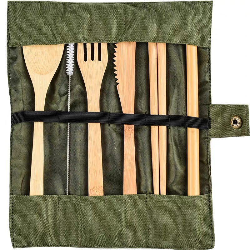 Eco-Friendly Green Cloth Cutlery Set with Bamboo Utensils