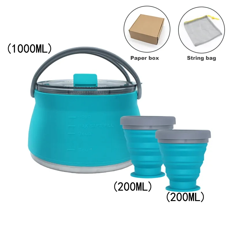 Threee Plece Set Portable Silicone Camping Collapsible Kettle Pot Bowl Cups Cook Set with Custom Logo
