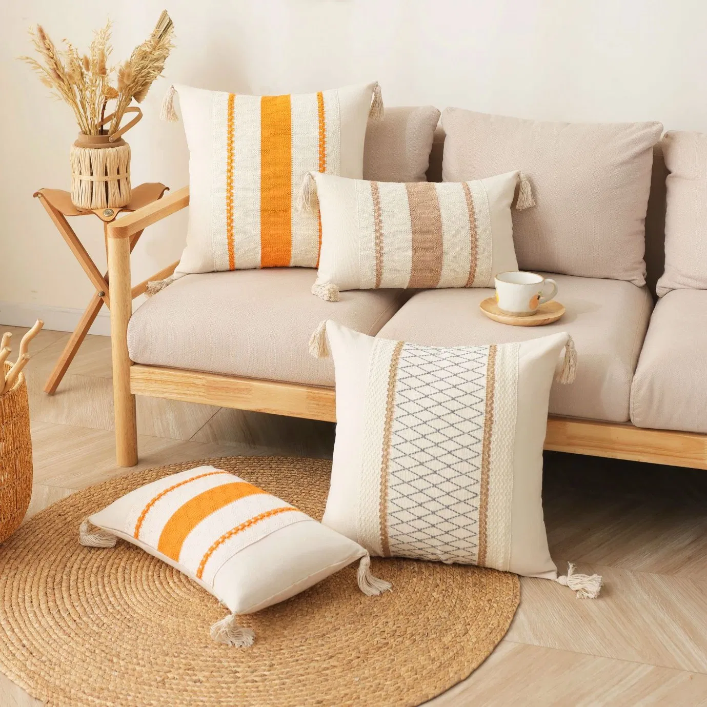 Jacquard Throw Pillow Covers with Tassel Bohemian Decor