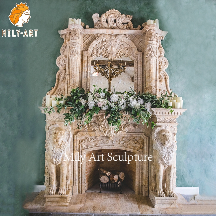 Antique Natural Stone Fireplace Mantel 2 Layer Marble Fireplace with Lion Statues for Wedding