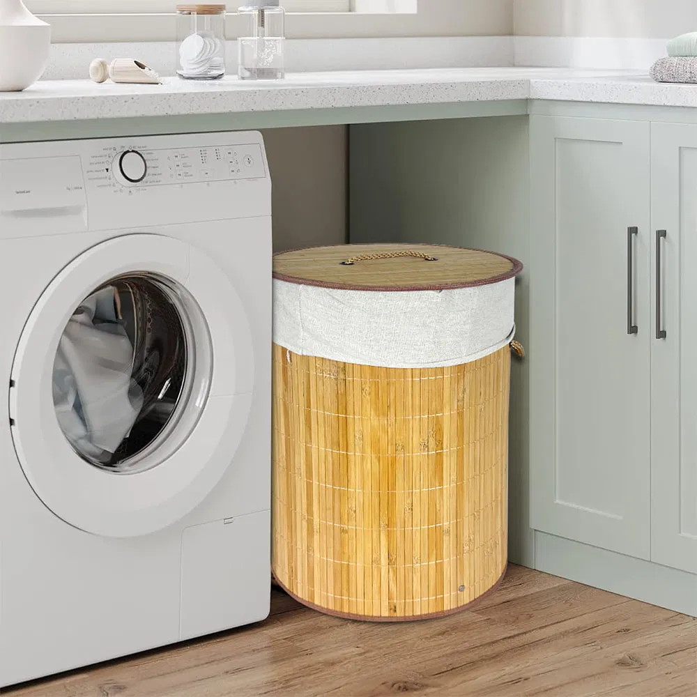 Foldable Large Bamboo Laundry Basket with Liner with Lid and Handle