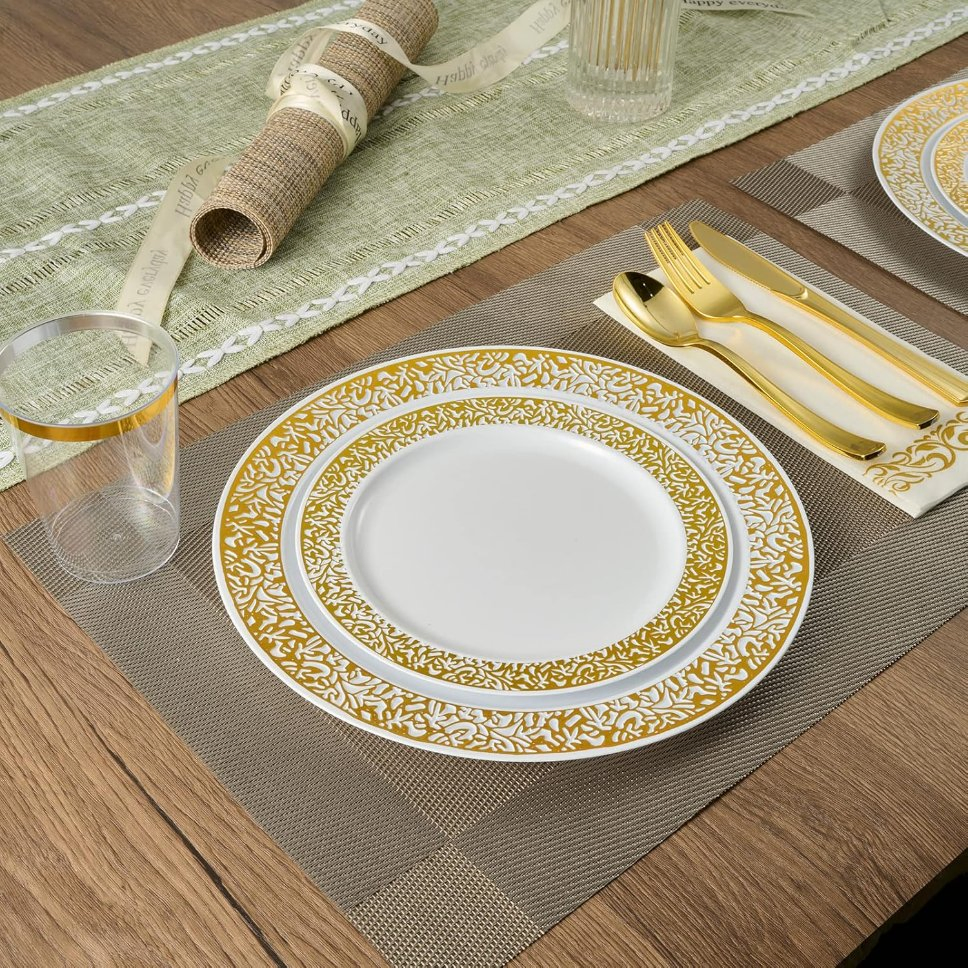 Elegant Gold Plastic Disposable Plates for Weddings & Parties