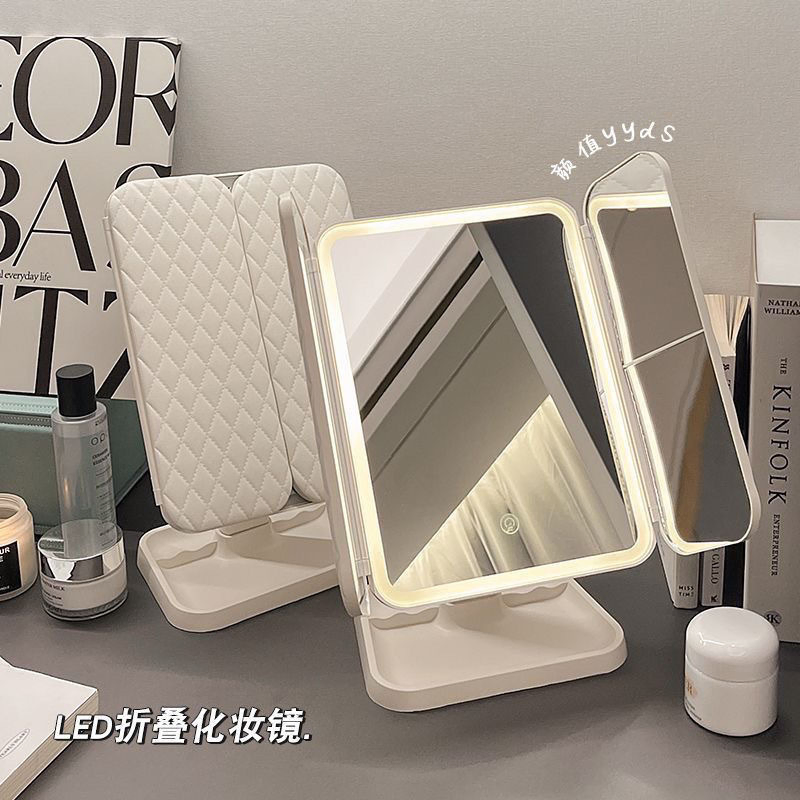 Folding Cosmetic LED 3 Way Trifold Lighted Table USB Magnify Makeup Mirror