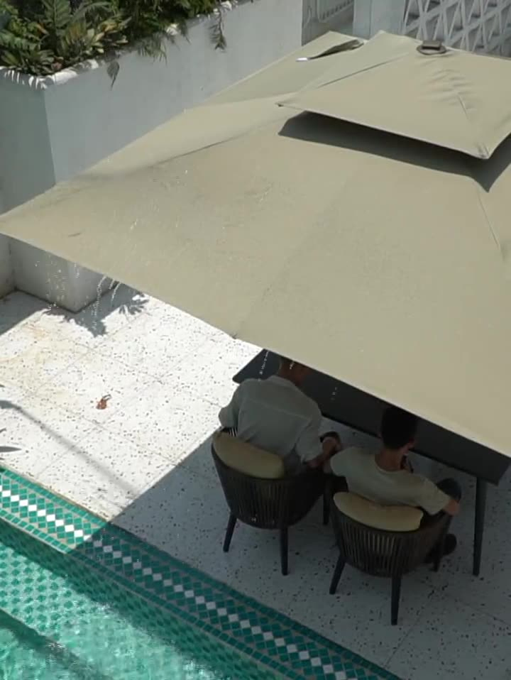 Courtyard Outdoor Floor Standing Double Layer Aluminum Frame Hand Crank Base Water/Sand Fillable Family Sunshade Umbrella