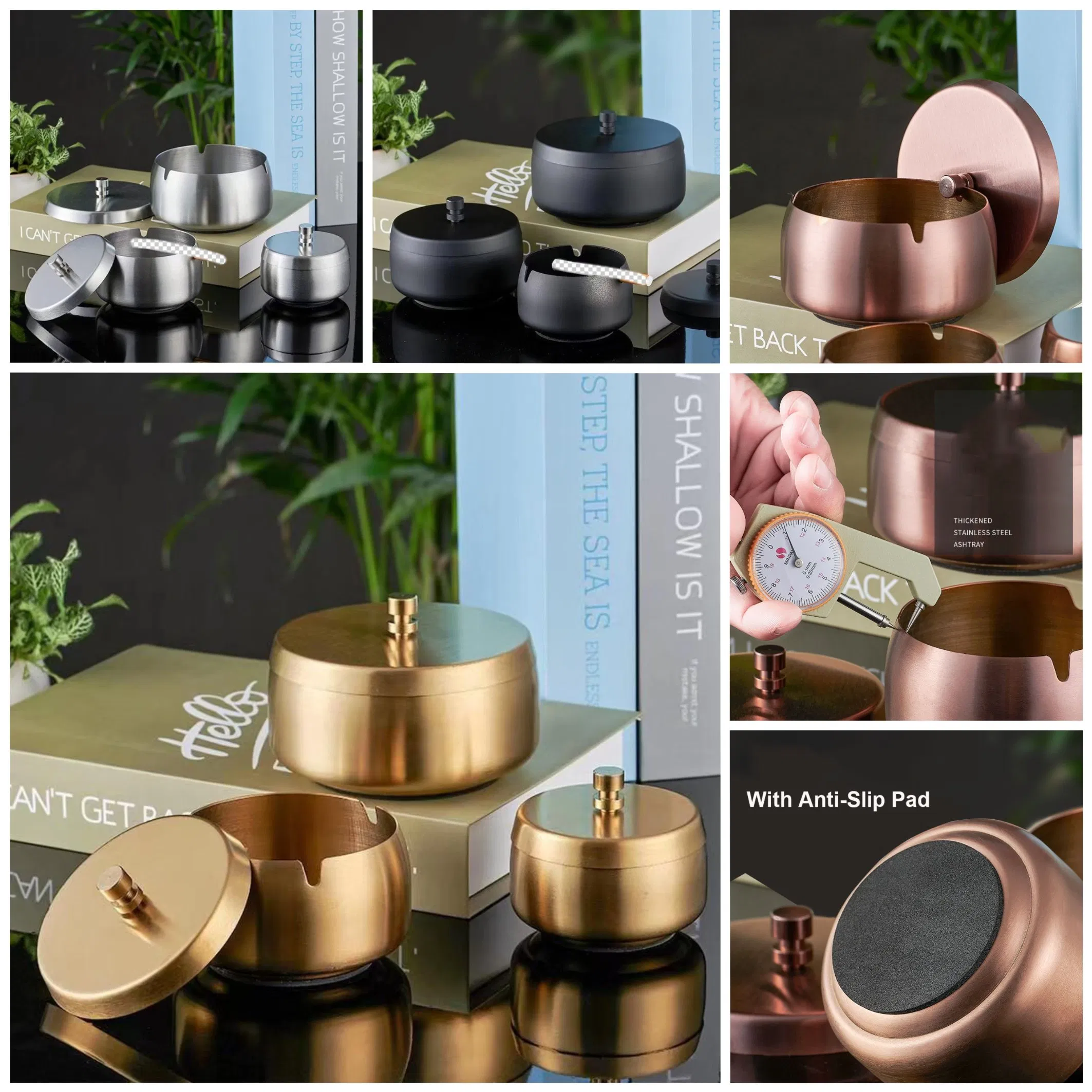 Guangdong Factory Wholesale Stainless Steel Metal Cigar Cigarette Car Standing Gold Silver Black Promotion Pedestal Ash Tray Ashtray with Lid Costom Logo Gift