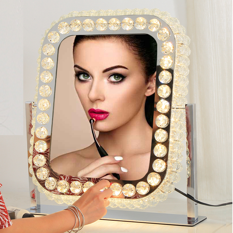 Fancy Crystal Diamond Retangular LED Vanity Makeup Hollyood Table Mirror