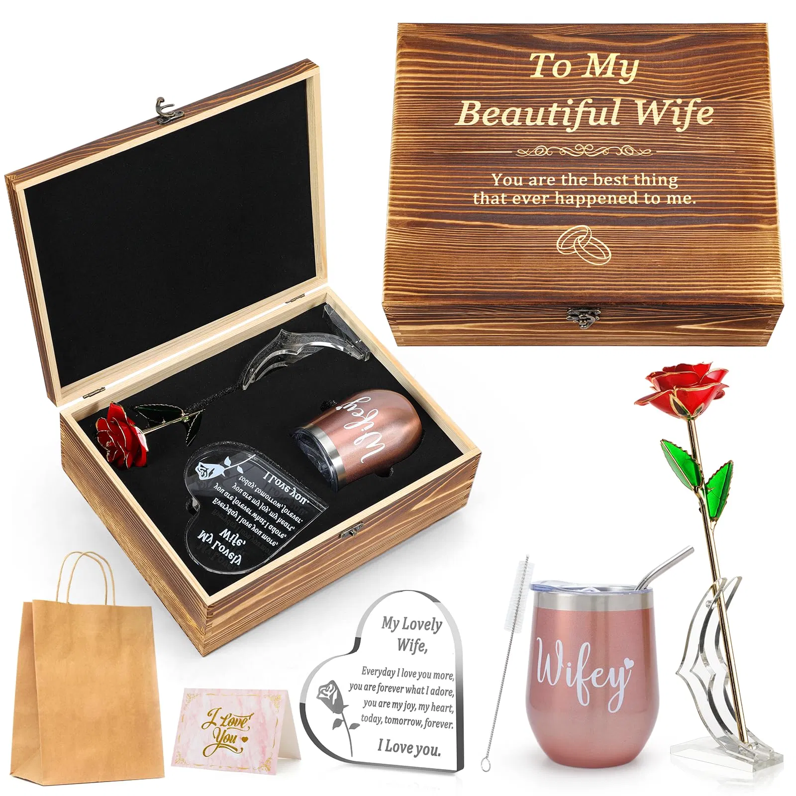 Custom Engraved 24K Gold Dipped Rose and Stainless Steel Stemless Wine Tumbler in Gift Box