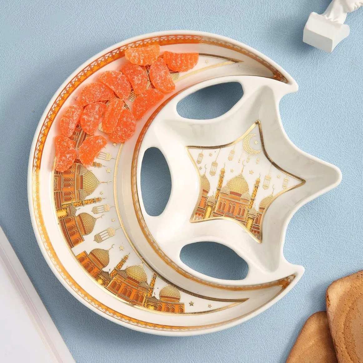 Ceramic Star Moon Shaped Serving Tray Eid Ramadan Plate, Dish Ramadan Kareem Decoration Tray Eid Mubarak Dessert Tray