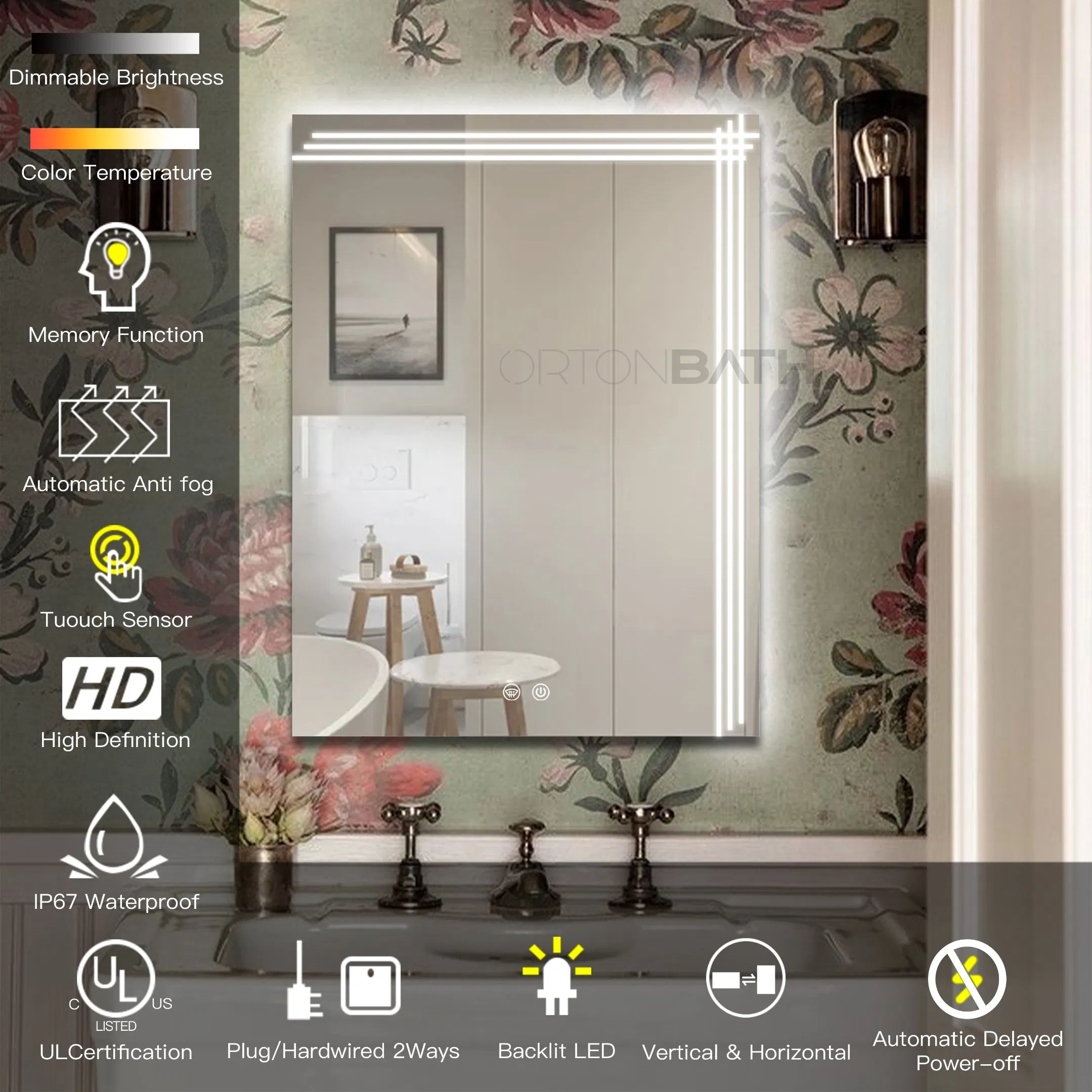 Ortonbath Anti-Fog Lighted Bathroom Mirror 32 X 24 Inch LED Bathroom Mirror with Lights, Dimmable Vanity Mirror, Wall Mounted Smart Mirror