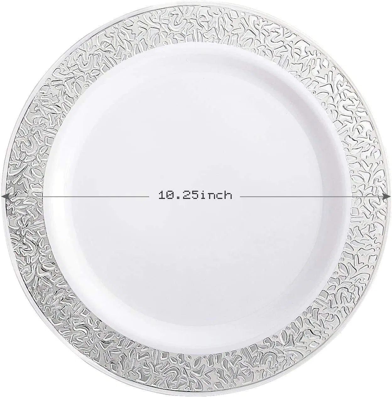 Silver Plastic Plates 10.25 for Big Party White with Silver Lace Rim Disposable Dinner Plates Heavy Duty for Party Wedding Birthday