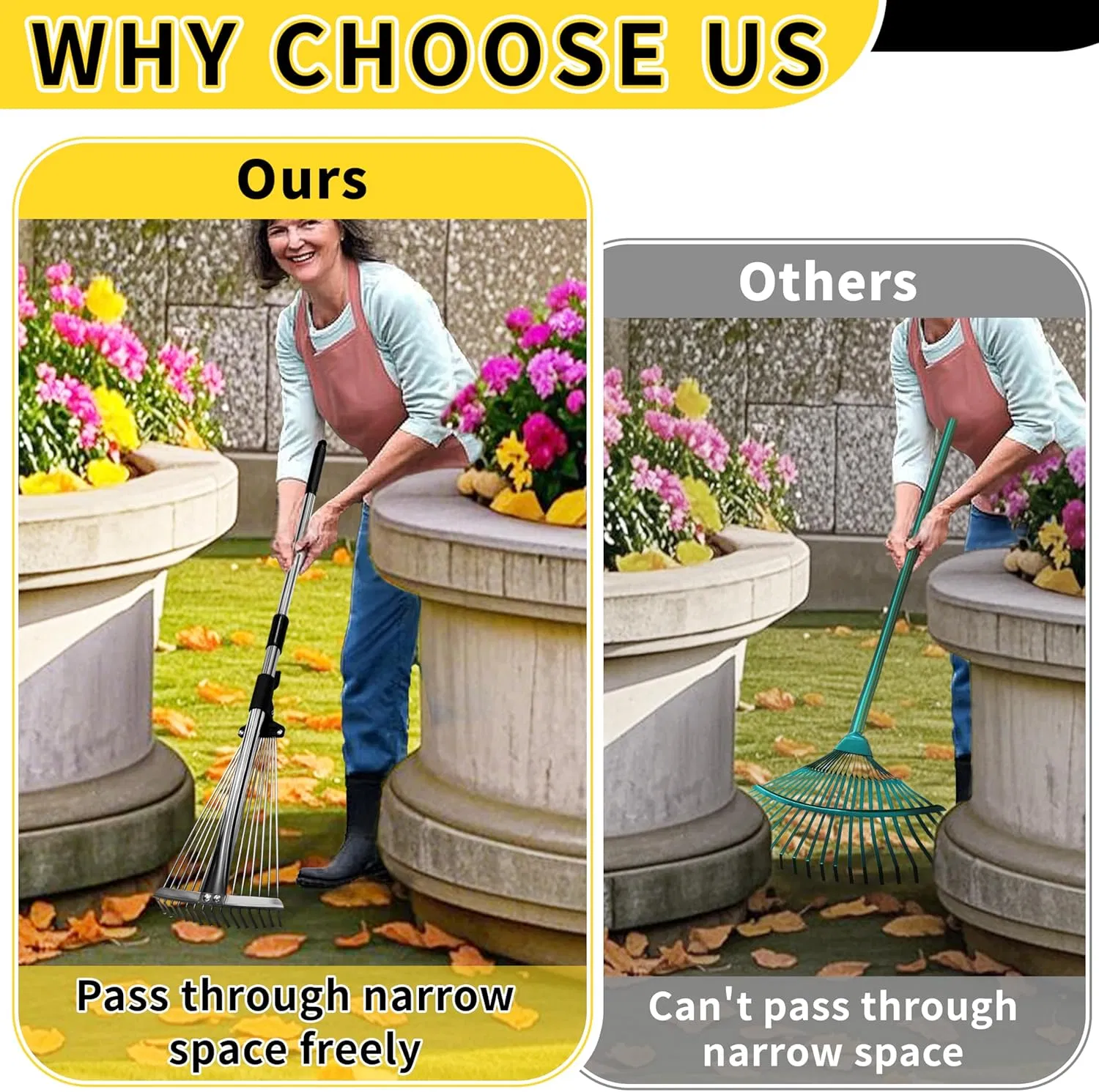 Garden Rake for Leaves Heavy Duty Metal Adjustable Leaf Rake for Lawns Garden Tools for Yard Lawn Shrub Garden