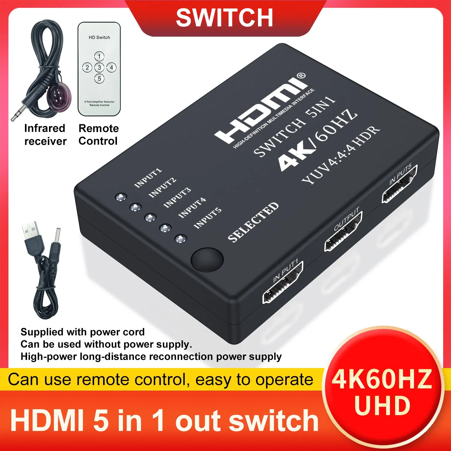 Коммутатор HDMI 5x1 4K 60Гц с пультом