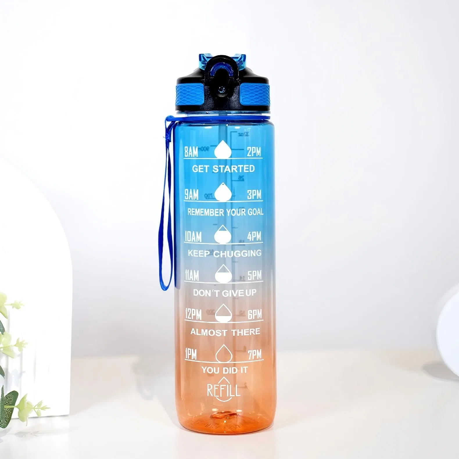 BPA Free Flip Top Cover Drink Water Bottle Travel Cup with Time Marker Straw Strainer 32oz Plastic Sport Gym Motivational Bottle